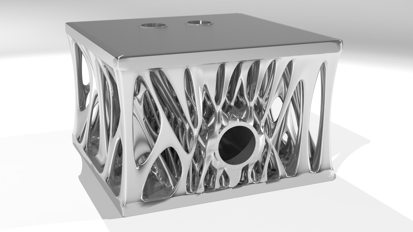 Bass had a rendering of strange-looking engine block on-hand to demonstrate the generative design software's capabilities