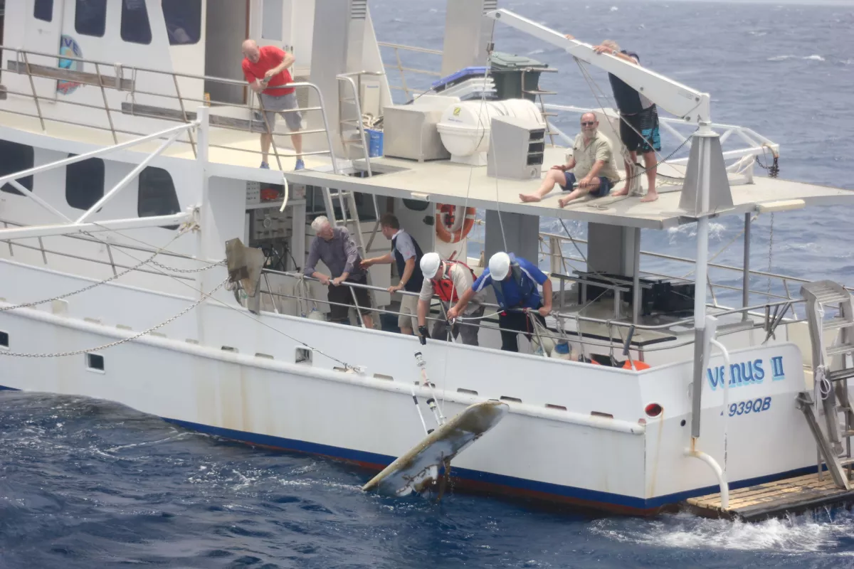 The Papa Mau Wave Glider, being pulled from Australia's Hervey Bay