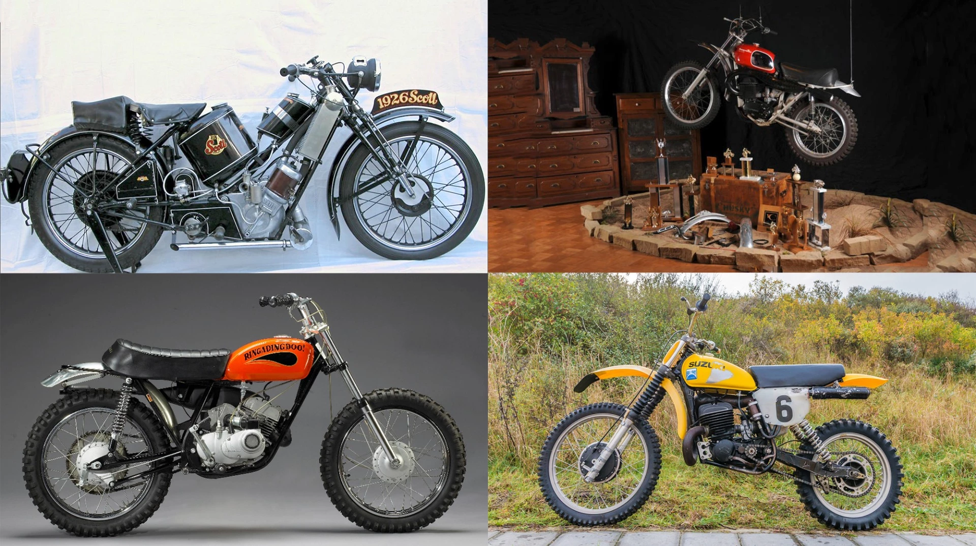 This unlikely grouping constitutes several of the world’s most expensive two-stroke motorcycles ever sold at auction. At top left is the world's most expensive two-stroke, a Scott Flying Squirrel 600cc restored by Von Dutch for his friend Steve McQueen. It sold for $276,000 in June 2009. At top right is another McQueen-owned 1971 Husqvarna 400 Cross which sold for $144,500 in May, 2011 to become the most valuable motocross bike and second most valuable dirt bike ever sold. At bottom left is a 1970 Kawasaki G31M Centurian that was given to Steve McQueen by the Japanese manufacturer to be used during the filming of Le Mans. The 100cc pit-bike had been restored by Von Dutch and with the dual-provenance, fetched US$55,575 at auction in 2007.