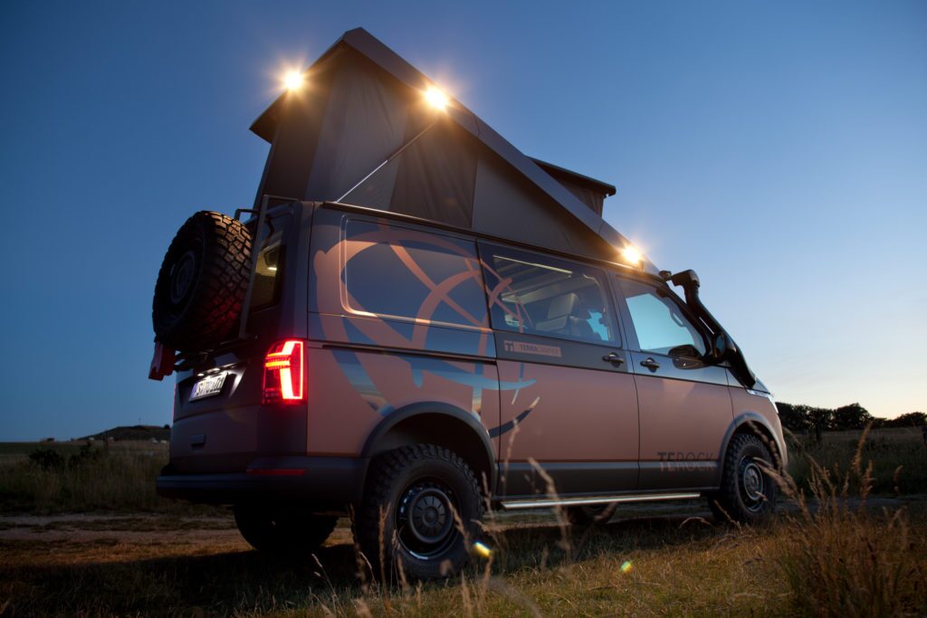 Terracamper Terock with available Xtreme Open-Sky pop-up roof and exterior lighting