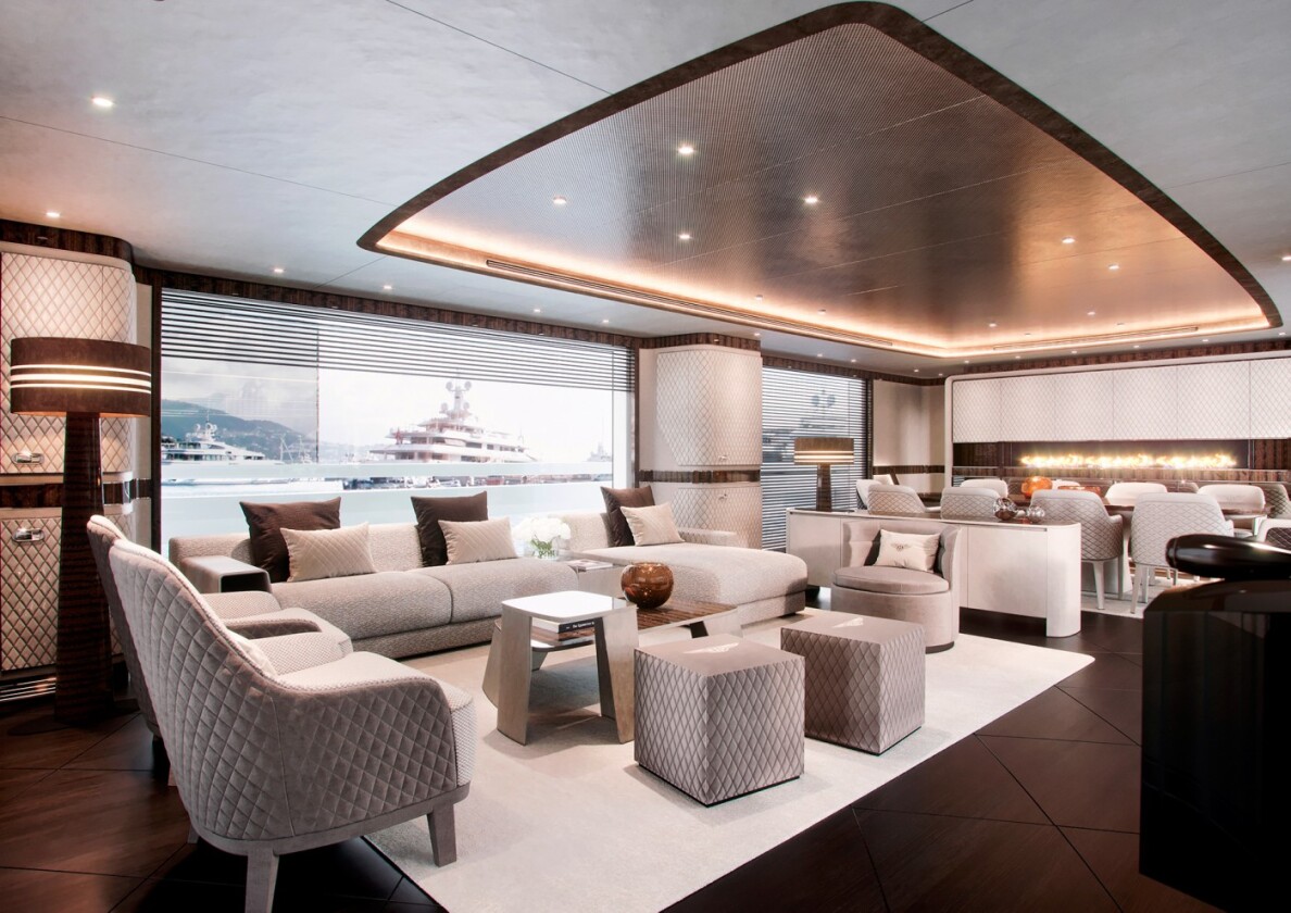 The main deck salon includes large windows for unobstructed views