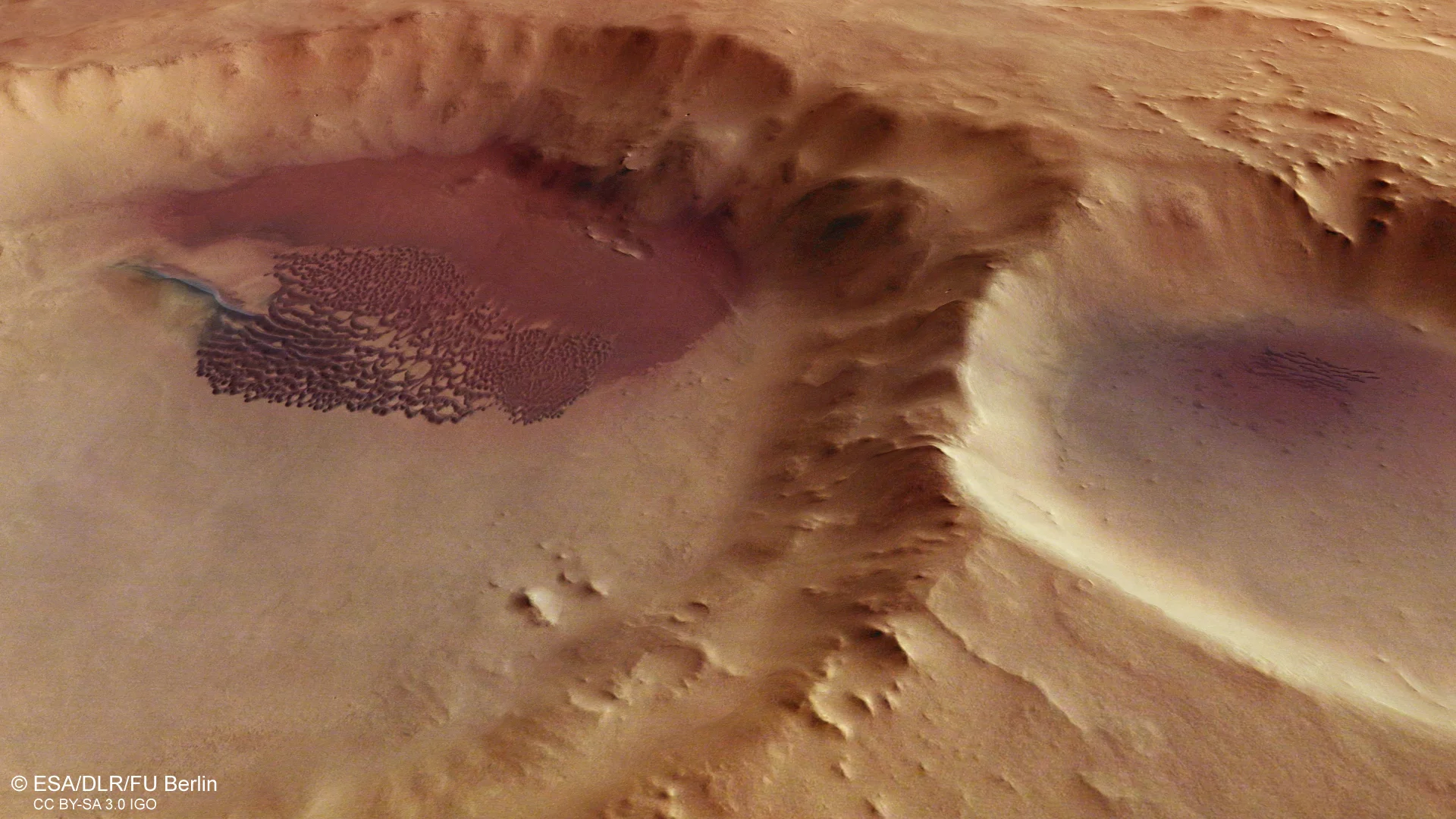 Dune field in a crater, perspective view (Credit: ESA/DLR/FU Berlin, CC BY-SA 3.0 IGO)