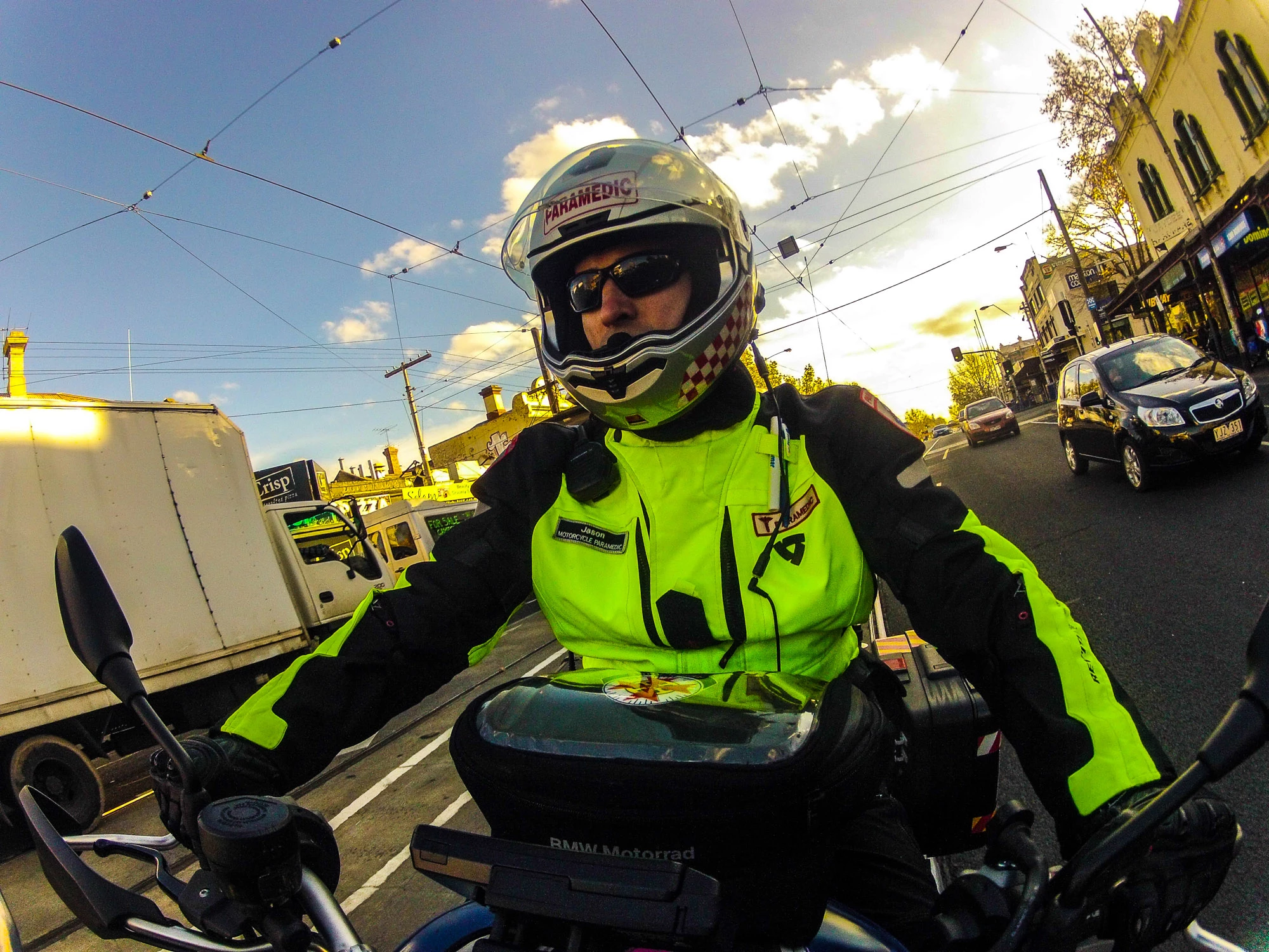 "Proceeding down through traffic in Flemington. This is a 40km/h zone, so a good chance to keep the old visor up and feel the breeze a bit."