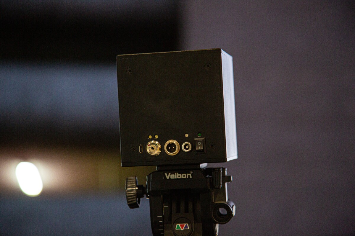 The back of the LaserCube has a miniUSB input, a safety key, a safety dongle, a power input and the main power switch.