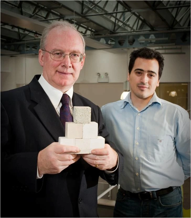 Novacem Chairman Stuart Evans and Chief Scientist Nikolaos Vlasopoulous, with samples of their CO2-absorbing concrete