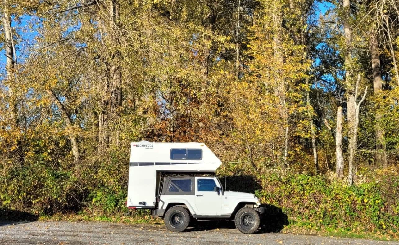 Backwoods Camper + Jeep Wrangler two-door = small, rugged, removable overland adventure camper