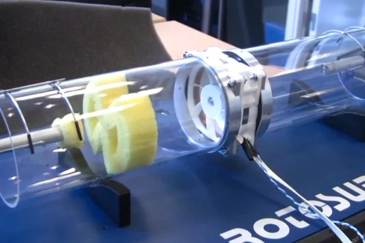 A RotoSub ANC-enabled fan inside an air flow distributor to demonstrate its noise-cancelling capabilities
