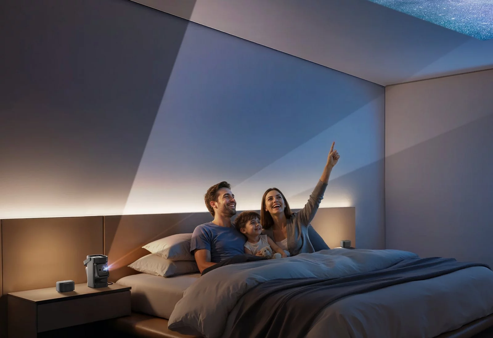 The projection unit can be adjusted across 130 vertical degrees for flexible placement of visuals