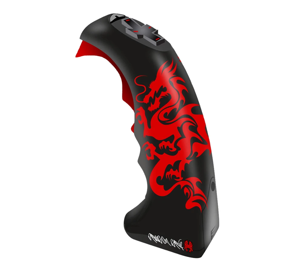 The Dragon Grip features a joystick/controller-like grip with a four-way directional pad, an audio circuit housed in the body and a front-facing speaker