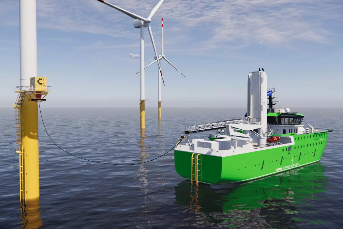 Damen partnered with MJR Power & Automation to develop a charging system to allow the SOC 7017 E to top up at sea via a wind turbine or offshore substation