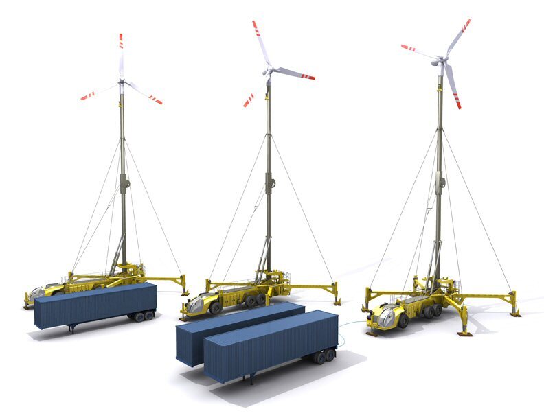 Multiple towers would provide for large generators or for transfer to trailer-sized battery storage units