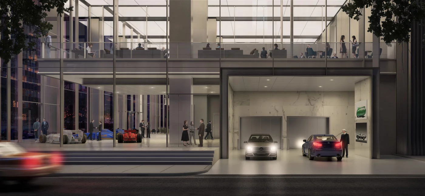 The car lobby at 425 Park Avenue, which is private to the tenant’s in the building and provides a vehicle entrance designed to be as beautiful as the pedestrian lobby