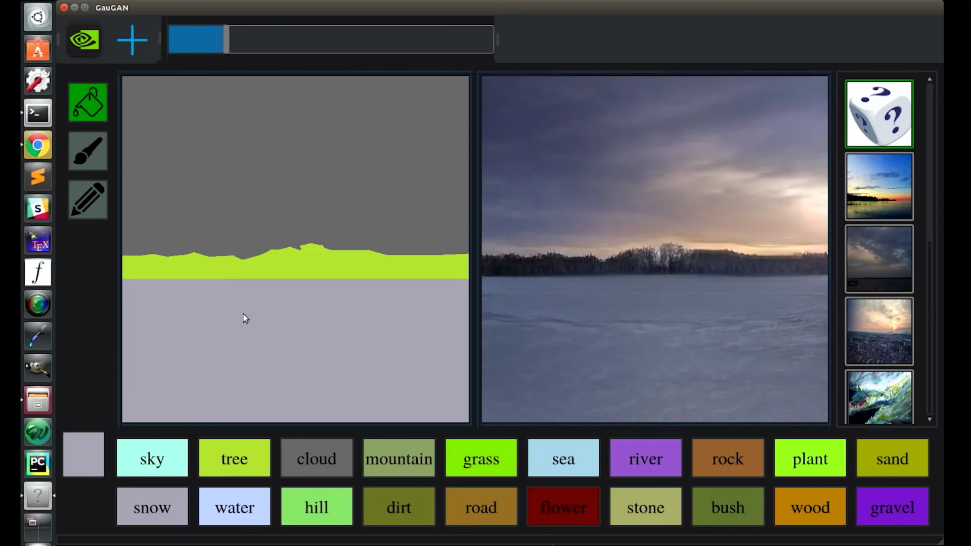 ...to snow will change the whole feel of the picture, because the GauGAN algorithm knows what's likely to appear beside what.