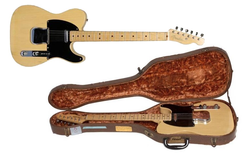 Euphemistically called the "Nocaster" - the Fender with no name - after the legal spate with Gretsch. Initially, the guitar was called the Broadcaster, but Gretsch had a drum set called the "Broadkaster," with a name it had registered, so Fender simply removed the Broadcaster decals and shipped off the few remaining models. These guitars became known as the Nocaster which ultimately, in 1951, became the Telecaster. This specific guitar was presented to Les Paul by Leo Fender who has autographed it on the back of the headstock. This guitar sold for $225,000 at a Juliens auction on 8 June, 2012