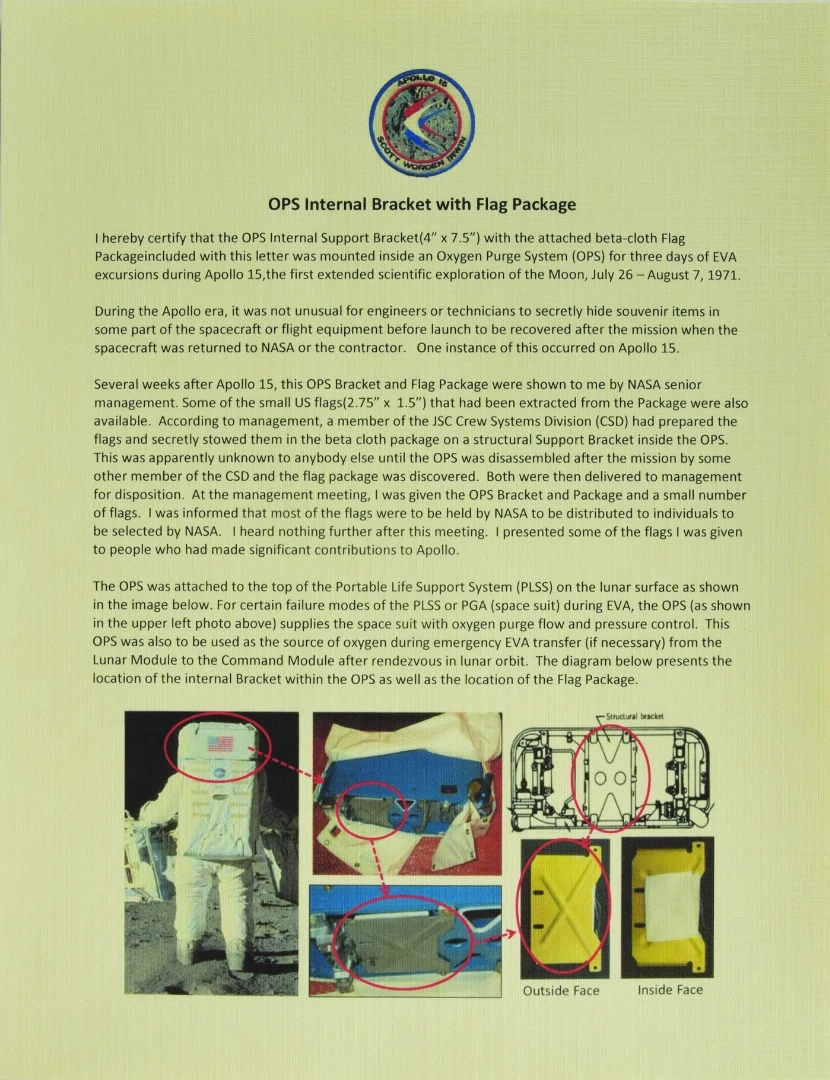 Letter of authenticity for Apollo 15 life support component