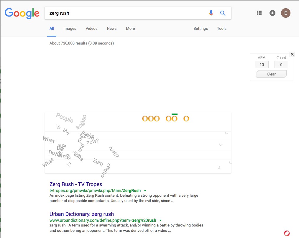 The Zerg Rush Easter egg has you frantically clicking o's before they destroy your search results
