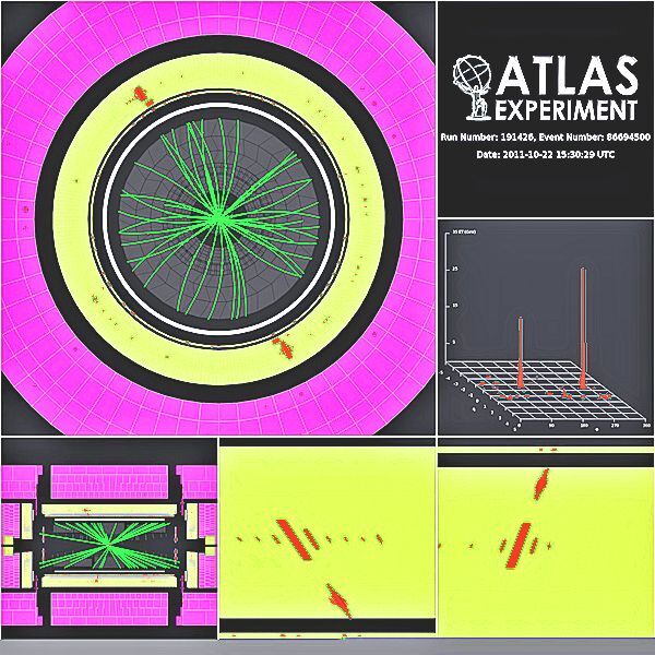A proton-proton collision producing a pair of energetic photons (gamma rays) as seen by the ATLAS detector. The photons are indicated by the red trajectories. An excess of such gamma pairs is among the evidence for the new Higgs candidate particle (Image: CERN)