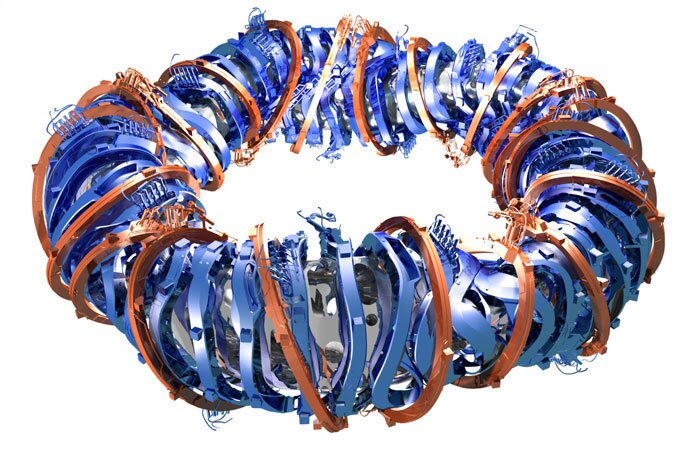 A schematic depicting the complex series of coils and infrastructure surrounding the containment vessel of the Wendelstein 7-X stellarator