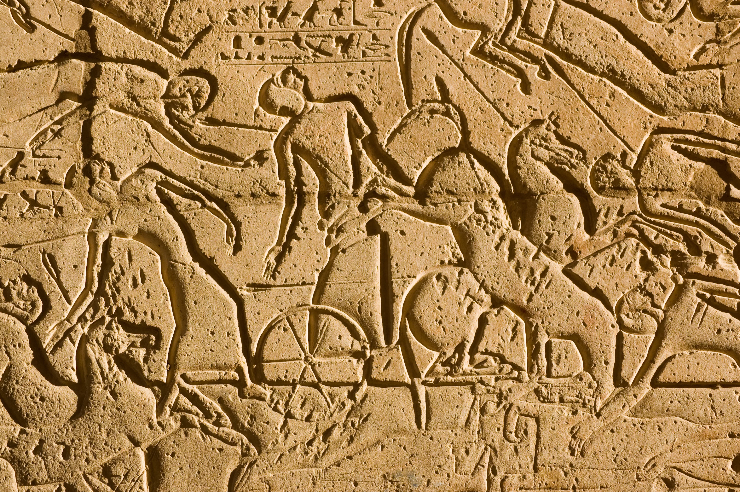 Horses and charioteers fighting in the Battle of Kadesh between Ancient Egyptians and Hittites. Stone carved frieze on the second pylon of the Ramesseum, West Bank of the Nile, Luxor, Egypt.Image ID: 69069076 Release information: N/A Copyright: BasPhoto