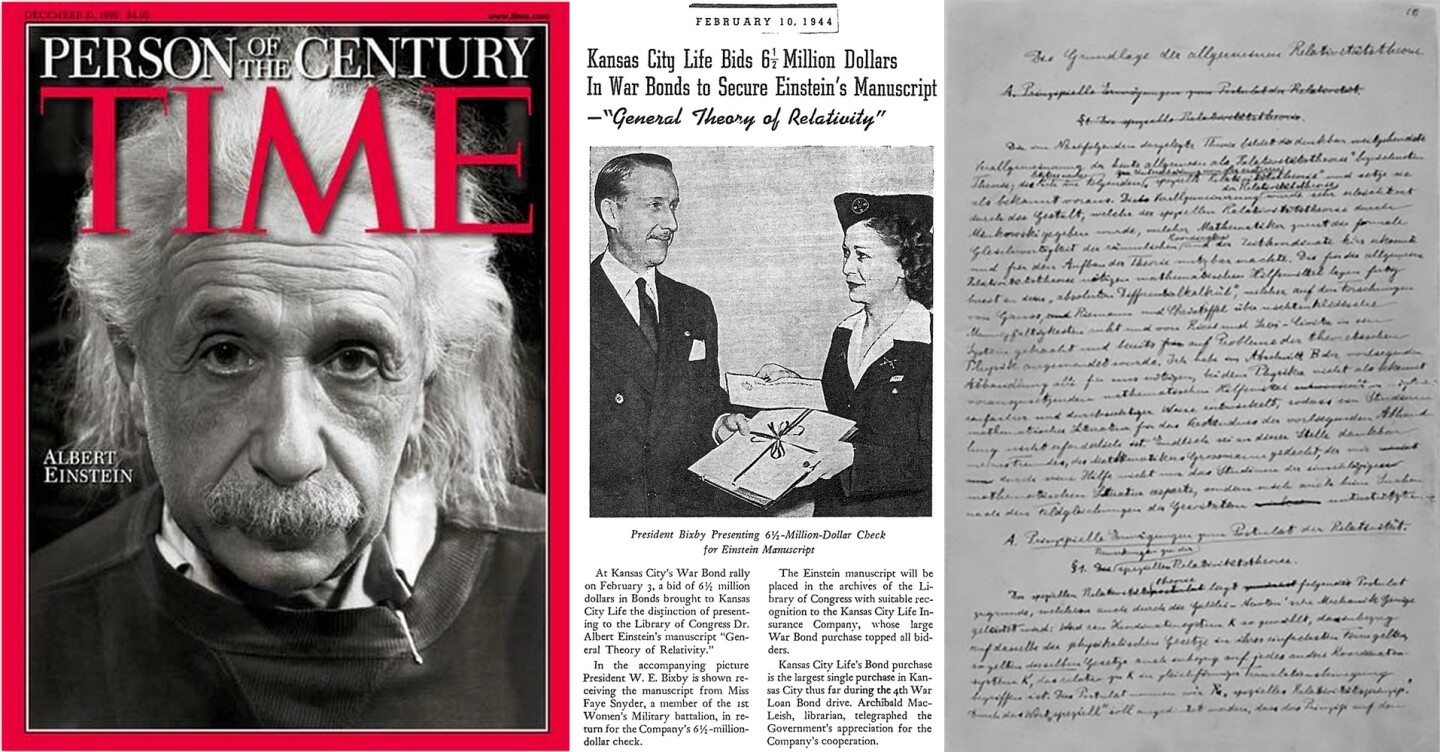 Time Magazine's "Person of the Century" threw out the original hand-written manuscript of his Theory of Relativity when the paper was published in 1905, but made another hand-written copy in 1943 to raise money for the war effort and it was purchased at a 1944 auction by the Kansas City Life Insurance Company for $6.5 million (an astonishing amount at the time), which then donated the manuscript to the U.S Library of Congress.