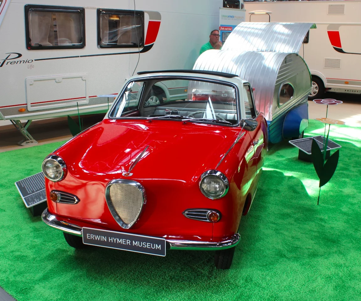 Buerstner had this Goggomobile TS 250/Piccolo combo on display amidst some much larger new trailers that look like they could carry both the micro car and teardrop on board