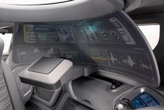 The interior features satellite communications and an impressive array of computer screens and laboratory facilities