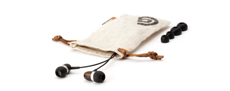 The WoodTones Earbuds are supplied with a drawstring carrying pouch made from natural hemp