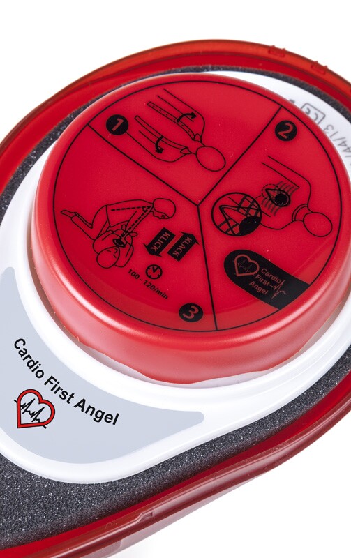 The Cardio First Angel has the instructions printed on its button