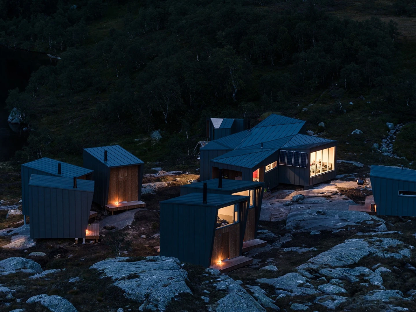 Electricity for lighting comes from a solar panel array