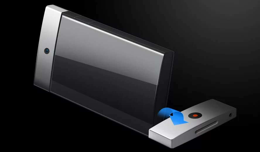 One end of the phone is pivoted to provide a built-in display stand