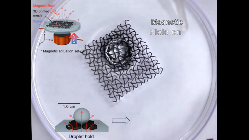 This mesh robot can hold a droplet of liquid while a magnetic field is on, then release it when the field is switched off