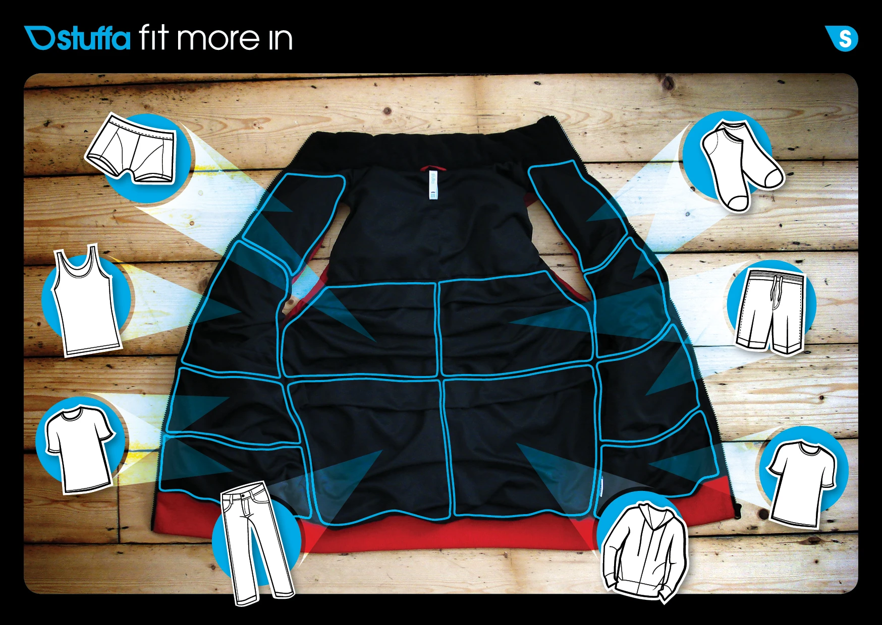 The dozen compartments are all secreted in the jacket's interior, made from an elasticated netting that forms an extra inside lining