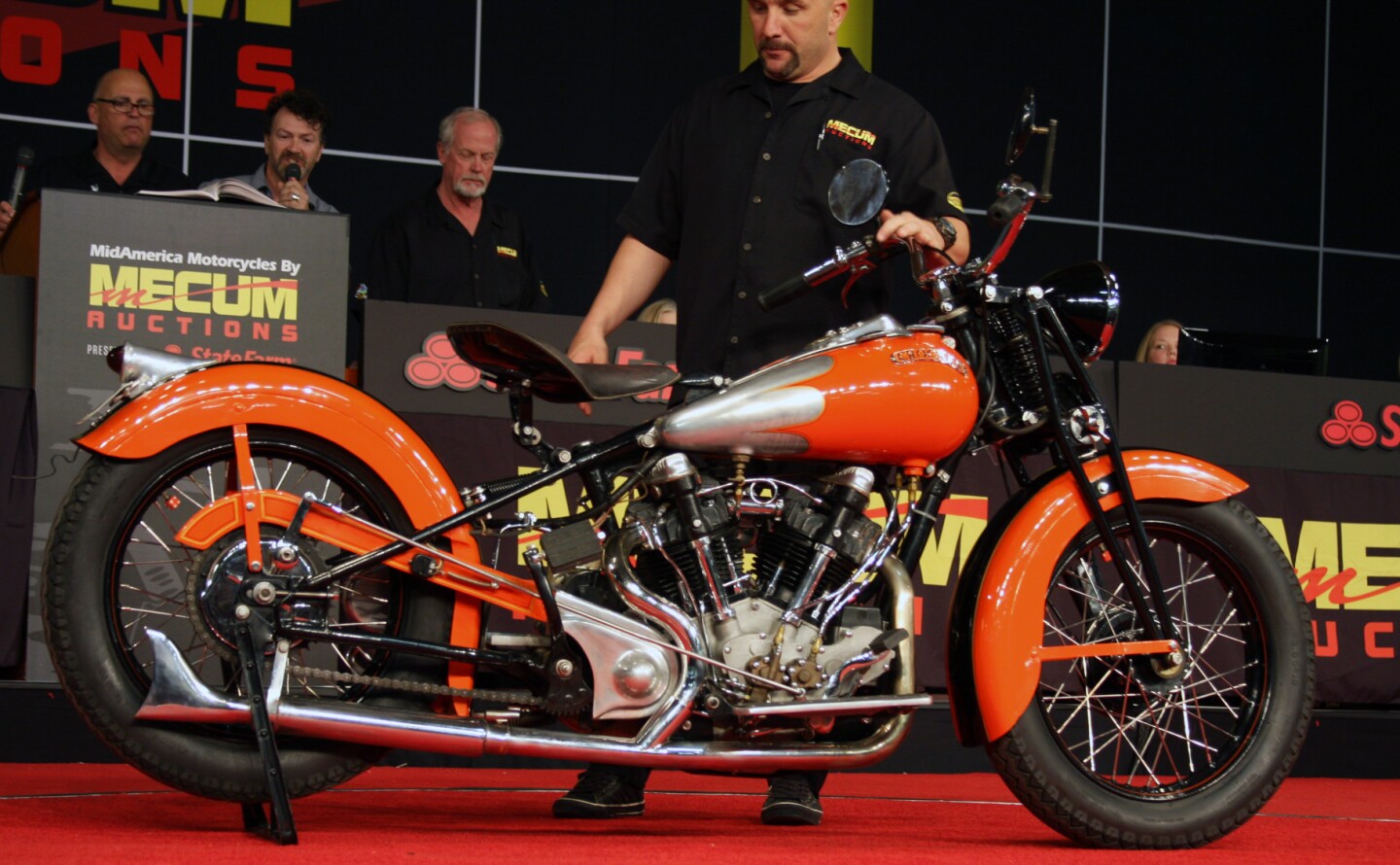 This 1942 Crocker V Twin was estimated to fetch between $300,000 to $350,000 and it went above estimate for a total price of $385,000, setting a new record for the marque. At Pebble Beach in 2012, Bonhams sold three in consecutive lots at its Quail Lodge sale - a 1937 model which fetched $291,000, then a 1937 Small Tank for $302,000, and then a 1940 Big Tank also sold for $302,000. RM Auctions sold a 1939 Big Tank model in June, 2008 for $302,500, MidAmerica sold a 1941 Big Tank model in Las Vegas in January, 2007 and Bonhams & Butterfield sold a 1937 Crocker "Hemi-Head" for $276,500 at the Silverman Museum auction in November, 2006.