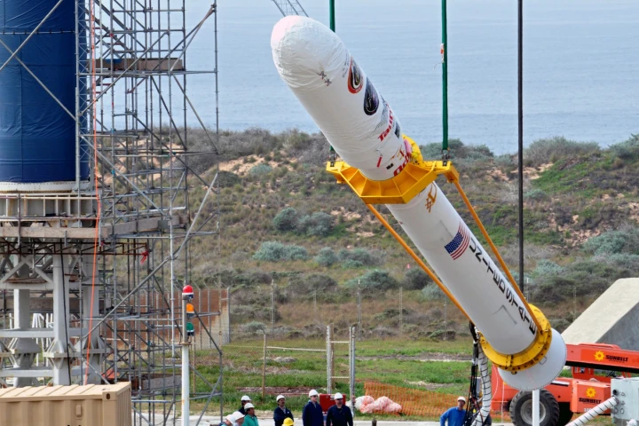 A Tarus XL rocket being assembled at Vandenberg Air Force Base