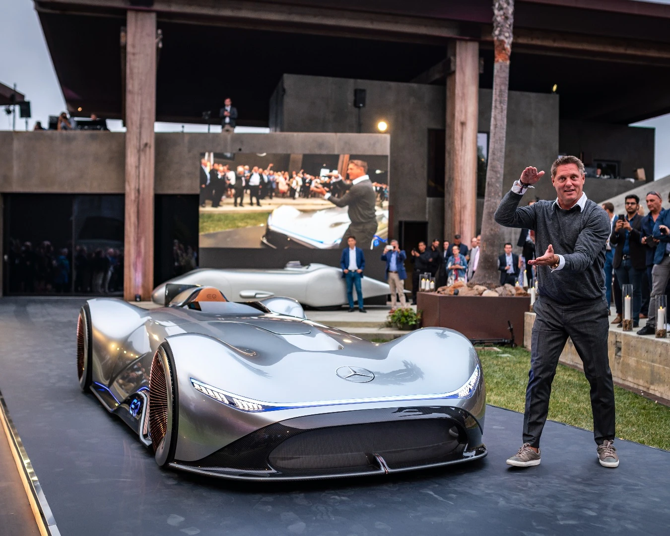 Gorden Wagener, Chief Design Officer at Daimler AG, shows off the Vision EQ Silver Arrow concept at Monterey Car Week