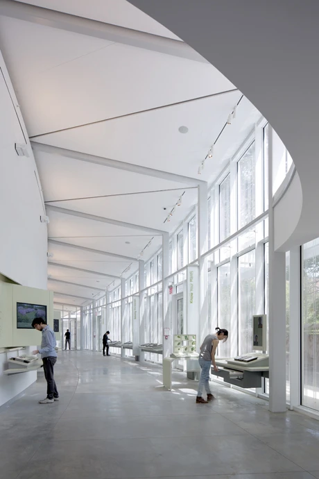 The fritted curved glass walls allows natural light to filter through the building