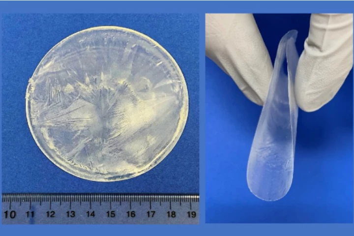 The piezoelectric wafer is made of lysine crystals that form between sheets of polyvinyl alcohol (PVA)