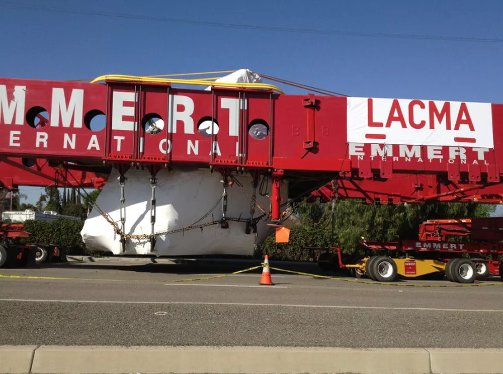 A specially-designed truck is carrying the massive 340-ton rock to Los Angeles at 8mph