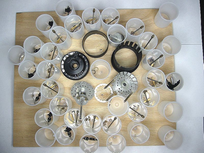 A Curta calculator disassembled by Rick Furr
