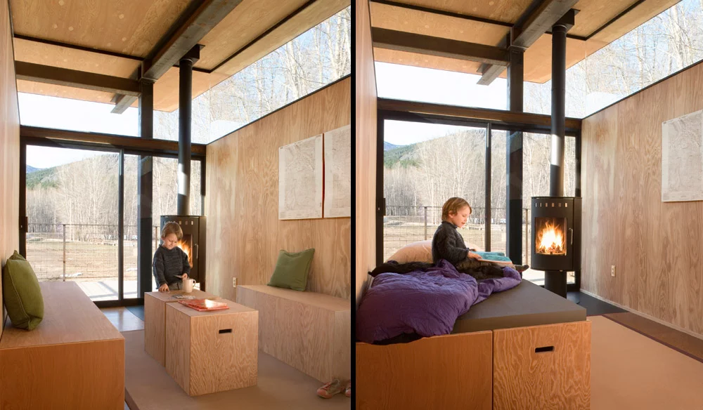 The interior of the huts incorporate an open living space with minimalist modular furniture that can be converted into further sleeping quarters