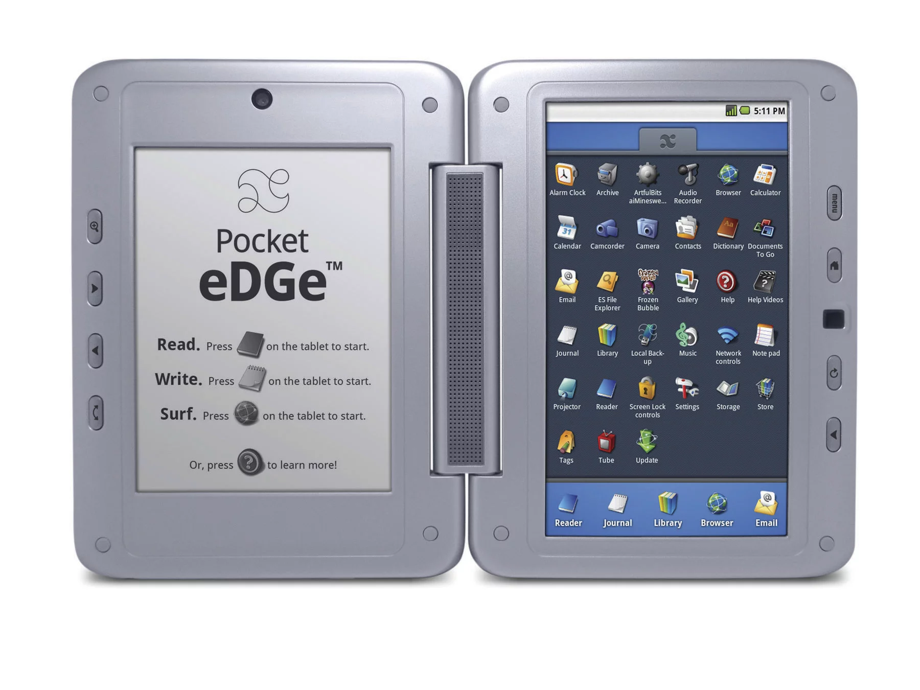 The Pocket eDGe has a 6-inch e-Ink reader to the left and a resistive touch LCD tablet to the right