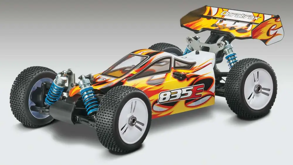 The version I received had a yellow and blue color scheme on the body and rear wing, but it's also available with black or white substituted for the yellow.
