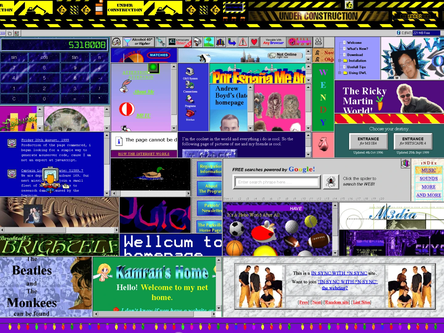 Cameron's World is a stunning piece of dense net art that curates scores of old Yahoo Geocities webpages into a giant clickable collage that's like tripping through old internet pages