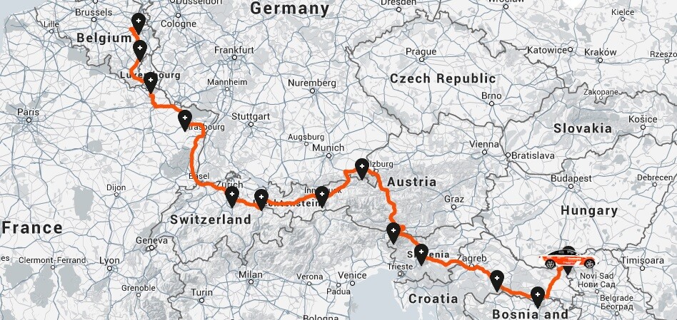 Between the Netherlands and Hungary, Frankel and Jackson traveled through Belgium, Luxembourg, France, Switzerland, Liechtenstein, Austria, Germany, Italy, Slovenia, Croatia, Bosnia and Serbia