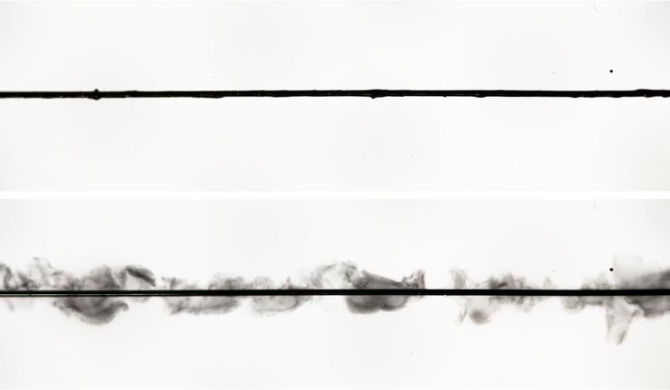 A carbon fiber coated with the polymer, the latter seen here as a solid (top) and a gel (bottom)