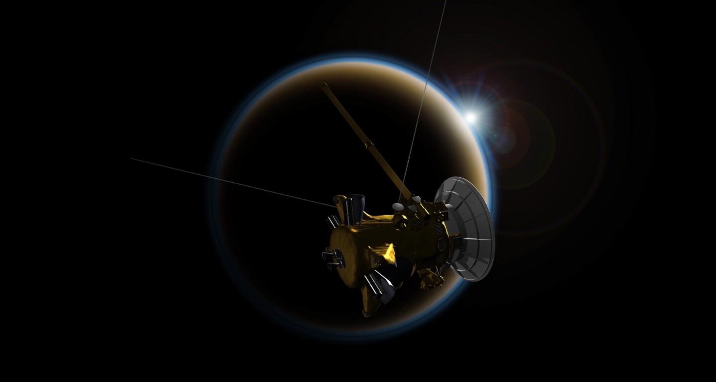 Artist's concept of Cassini flying by Titan
