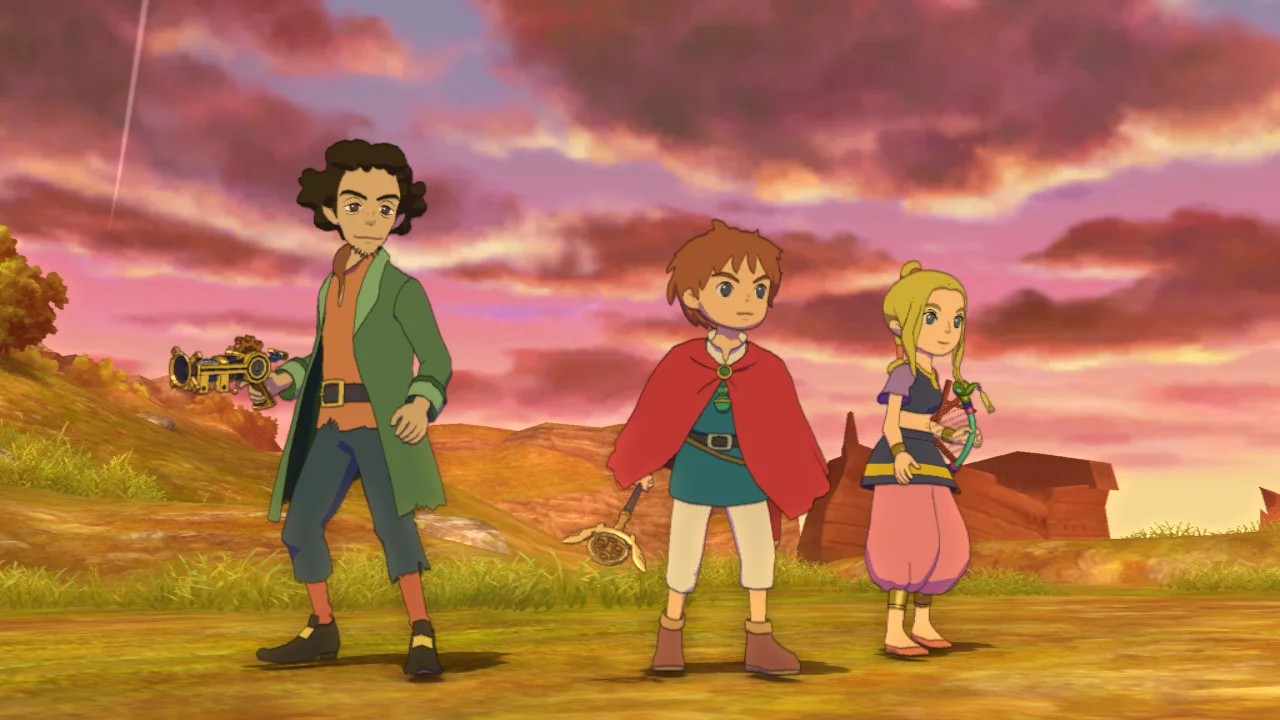 Oliver (center) and his companions take a breather after a tough fight in Level-5's Ni no Kuni for PS3