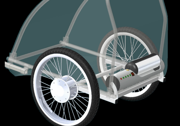 The Ridekick Child Trailer contains a hub motor in one of its two wheels, which is powered by a swappable battery pack located in the back of the trailer