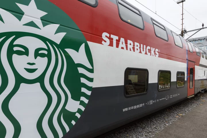 The first Starbucks coffee carriage that will serve passengers riding the rail in Switzerland