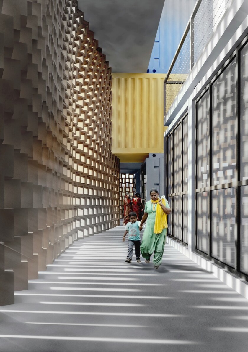 Locally-made recycled terracotta jaalis (a latticed shading and ventilation screen) would clad the corridor to provide natural daylight for the interior